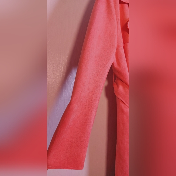 Solitaire Faux Suede Belted Trench Coat Size Large Waterfall Lapel Jacket Duster - Picture 4 of 16
